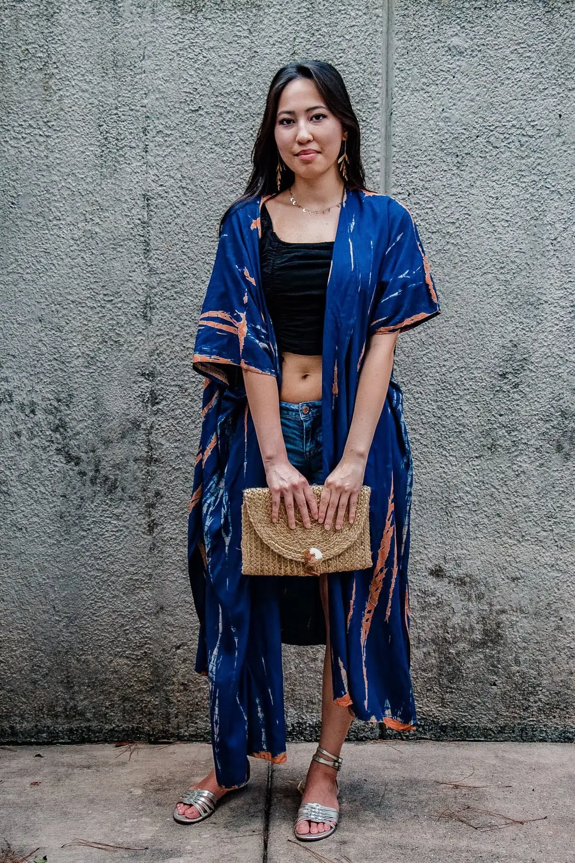 Cheap Wholesale Clothing Factory Oem Tie Dye Kimonos Long Length for Women Beach Wear Cover Blue Boho Style Beach Dress