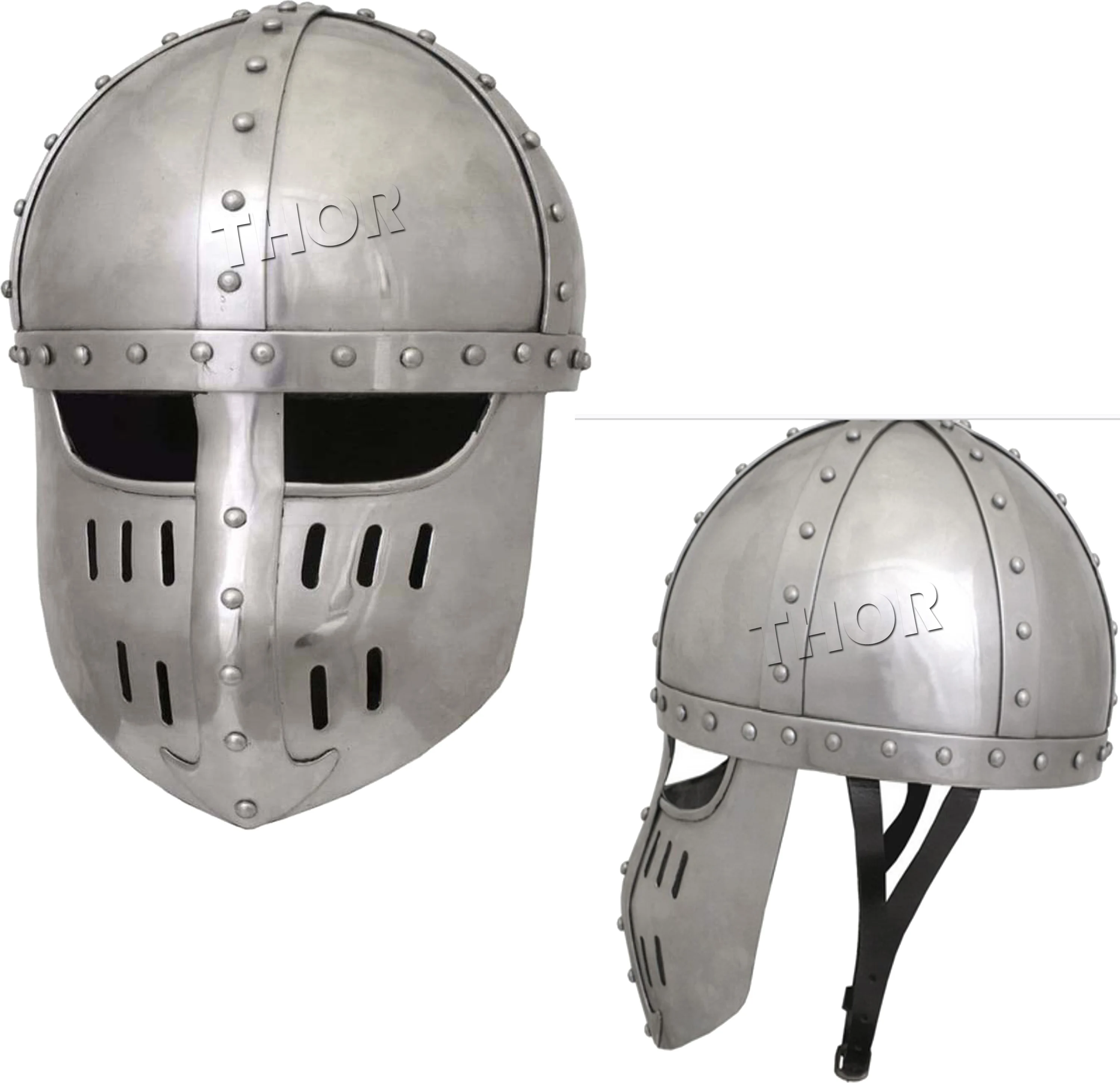 Medieval Viking Helmet 18 Gauge Steel Mas Armor Warrior Helmet Silver Color with Leather Liner