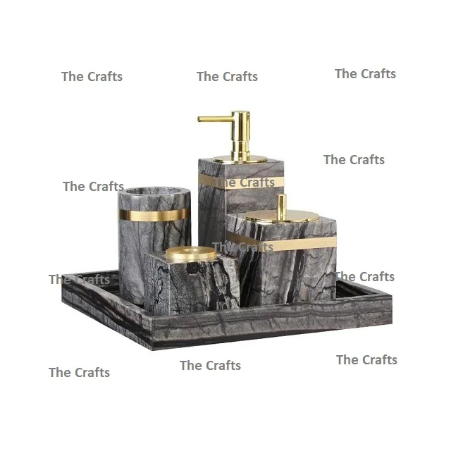 Deluxe Quality Set Of Five Soap Case Tissue Holder Shampoo Holder Bathroom Set In Marble Bathroom Set In Bulk