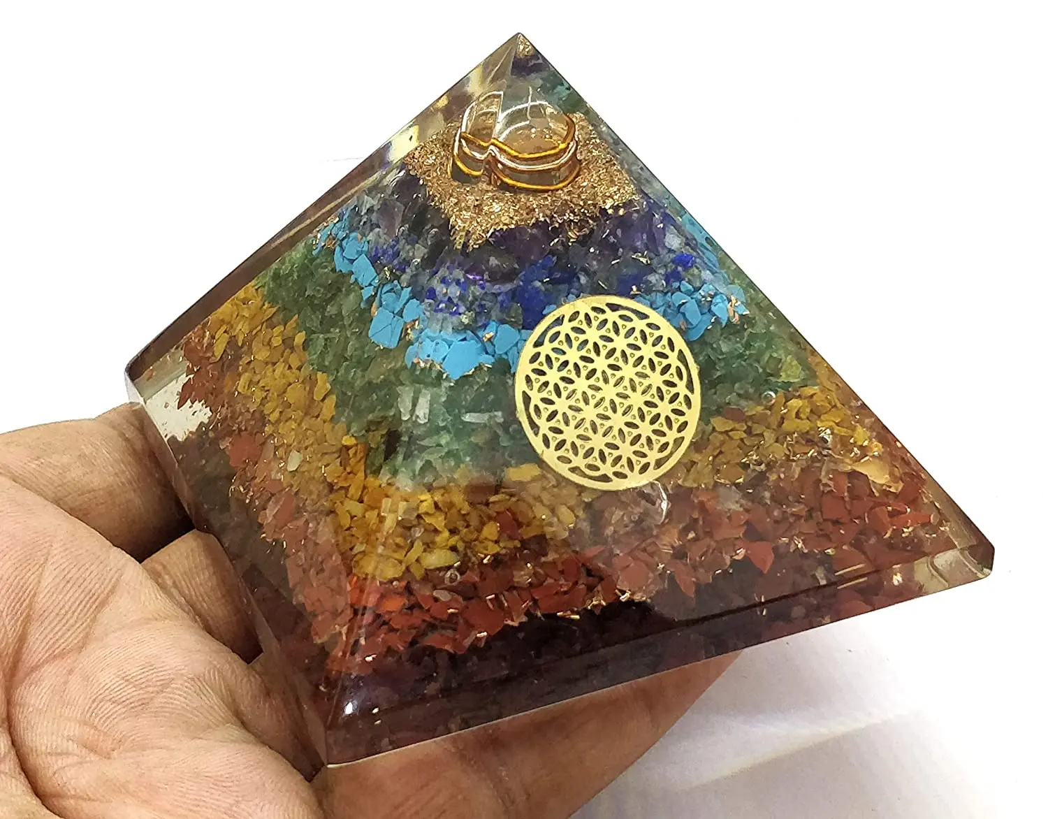 Handmade Geometric Pyramid Made with Seven Chakra Crystal 7 Chakras Copper Dust Orgonite Pyramid
