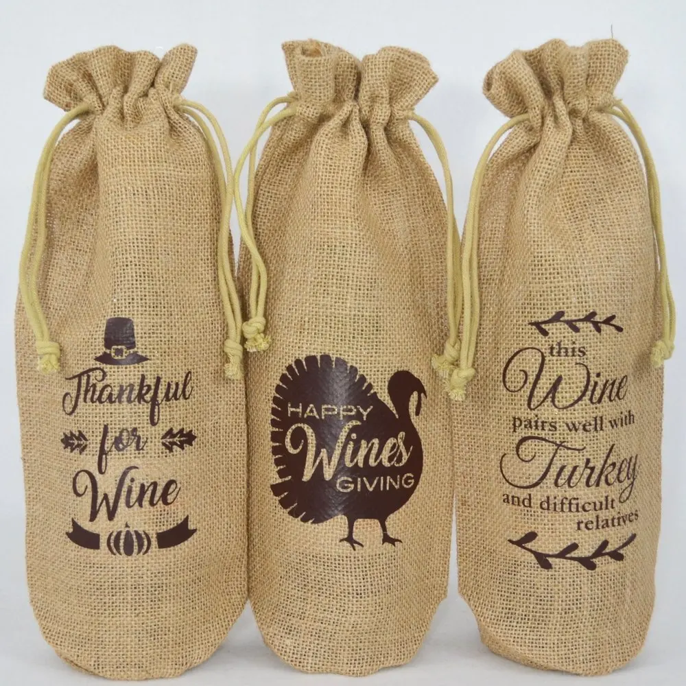 Wine Bottle Drawstring Cover made of Jute made in India Reusable Custom Printer Bottle Cover for One Bottle wine bag for wine bo