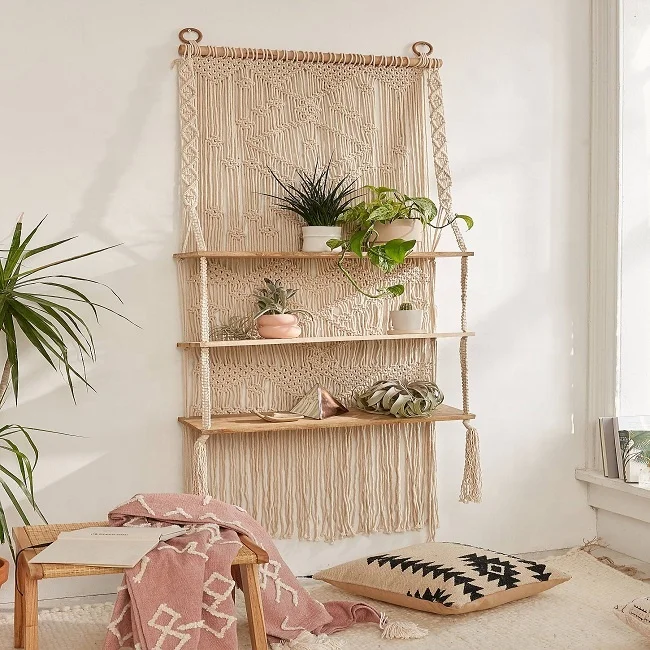 
Elegant Design Macrame Floating Shelf Macrame Shelf Handwoven Cotton Rope Shelf Hanging From India 