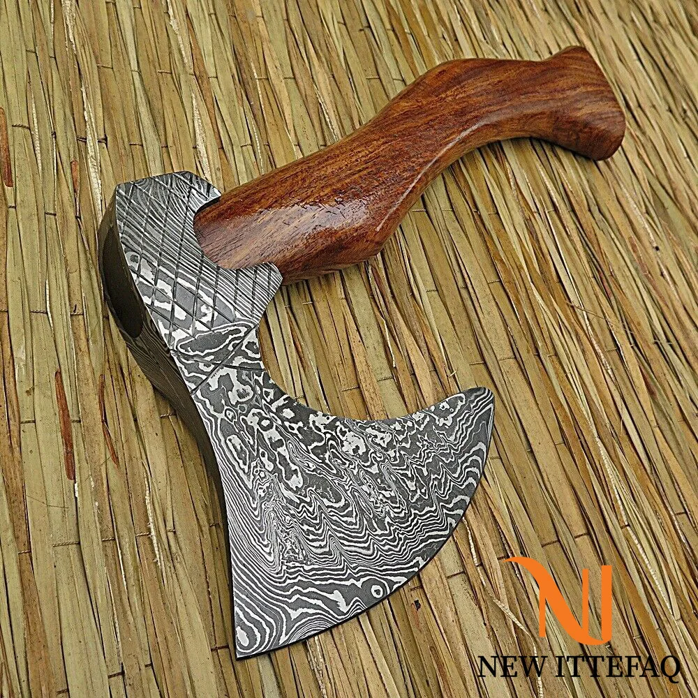 Custom handmade damascus steel hatched axe with rose wood handel