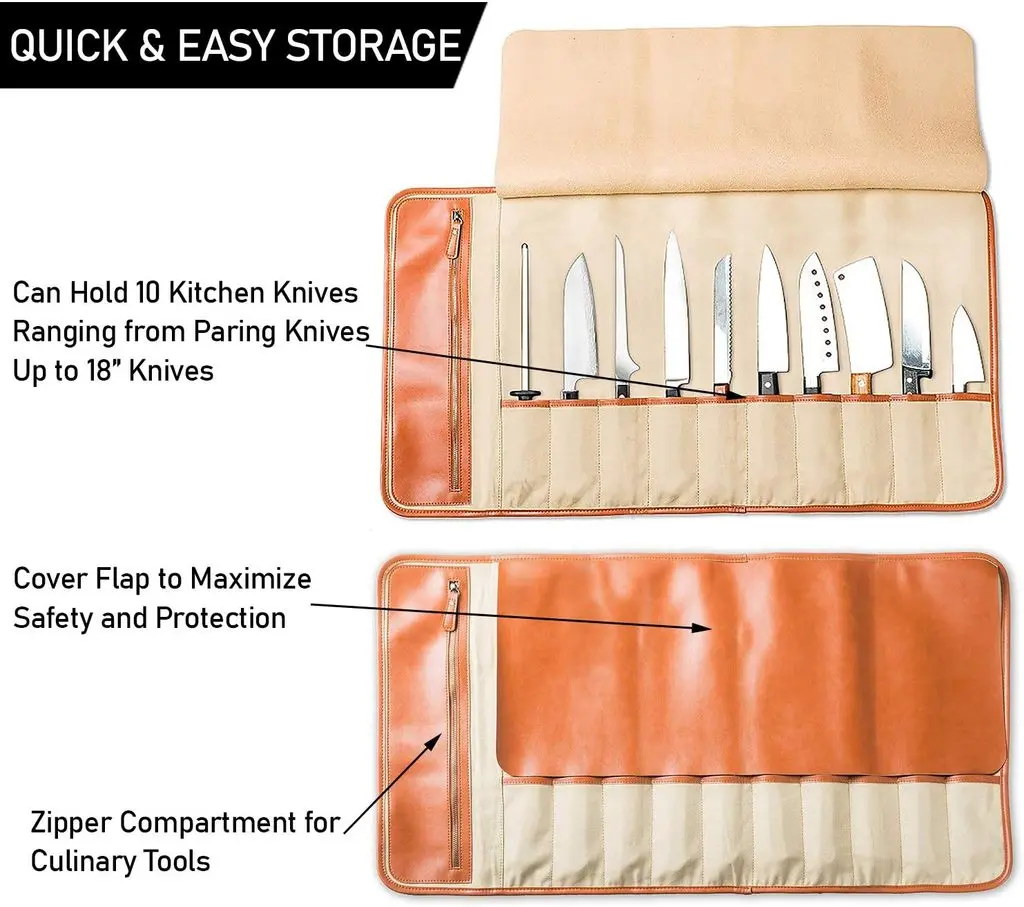 Кожаный чехол для ножей шеф-повара рулонный с 10 карманами и откидной крышкой обеспечивающий максимальную защиту отсек на молнии кулинарных инструментов