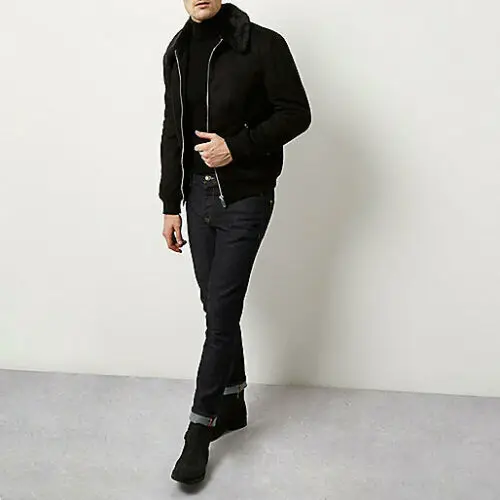  Кожаная куртка замша черный мужской Бомбер с меховым воротником