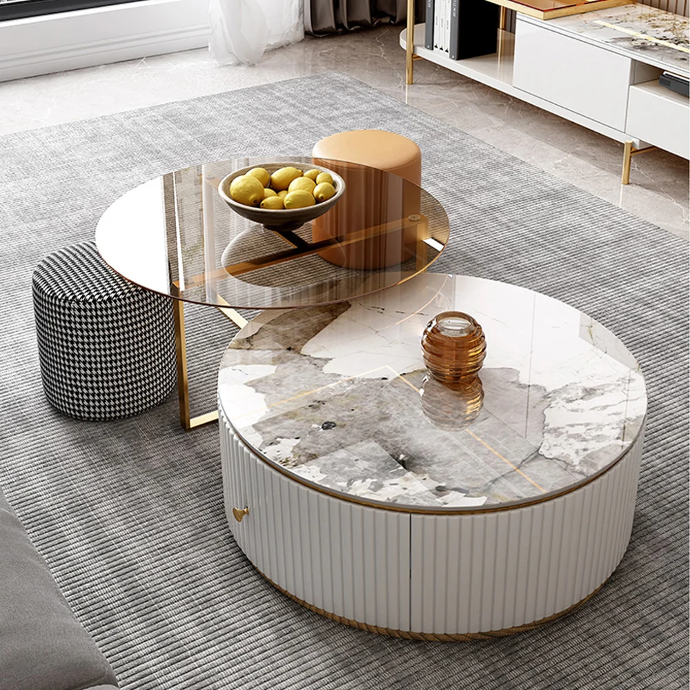 Hotel tea table basse storage Living Room Furniture Round Modern white sintered stone Luxury gold marble Glass Coffee Table