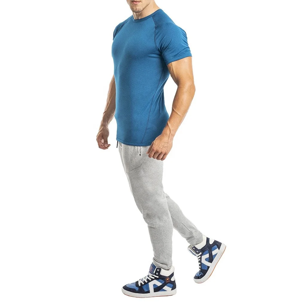 Wholesale quick dry polyester spandex Men Shirt Compression Sport Bodybuilding Gym Tops V-neck Fitness Training Running Tshirt