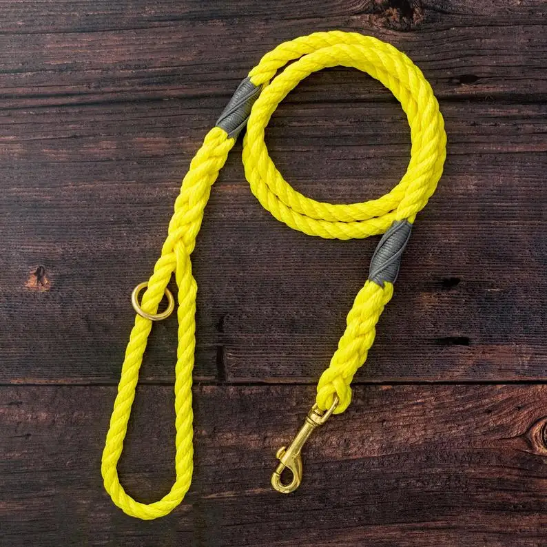 Strong yellow rope dog lead 10mm wide leash with brass