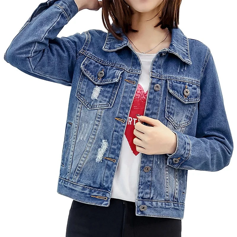 ODM Jacket Woman Fashion Denim Jacket Blue Jean Jackets Customized Embroider Pattern Short Women Skinny Mid Waist Overalls Sweet