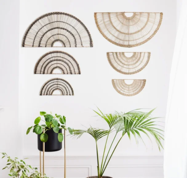 Set of 3 Natural Seagrass Woven Fan Wall Decor with Metal Frame from Vietnam Supplier