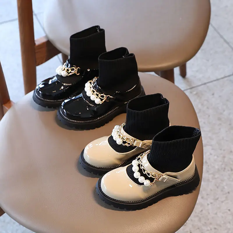 Fashion shoelace free warm kids winter boots With pearl chains girls leather for outdoor