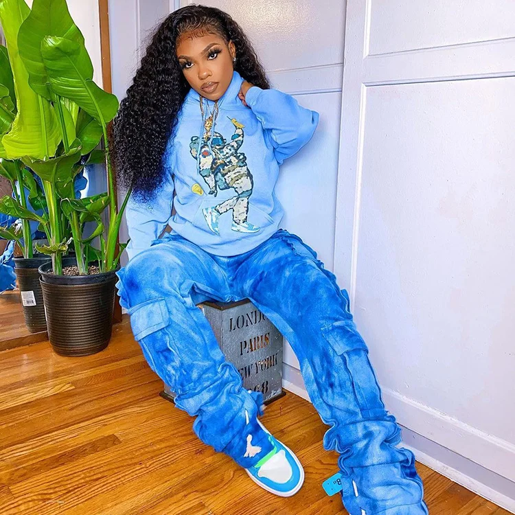 
Womens Spring 2021 Clothes Blue Printed Hoodie Long Sleeve Top Sweatshirt Pullover Hoodies For Women -PT 