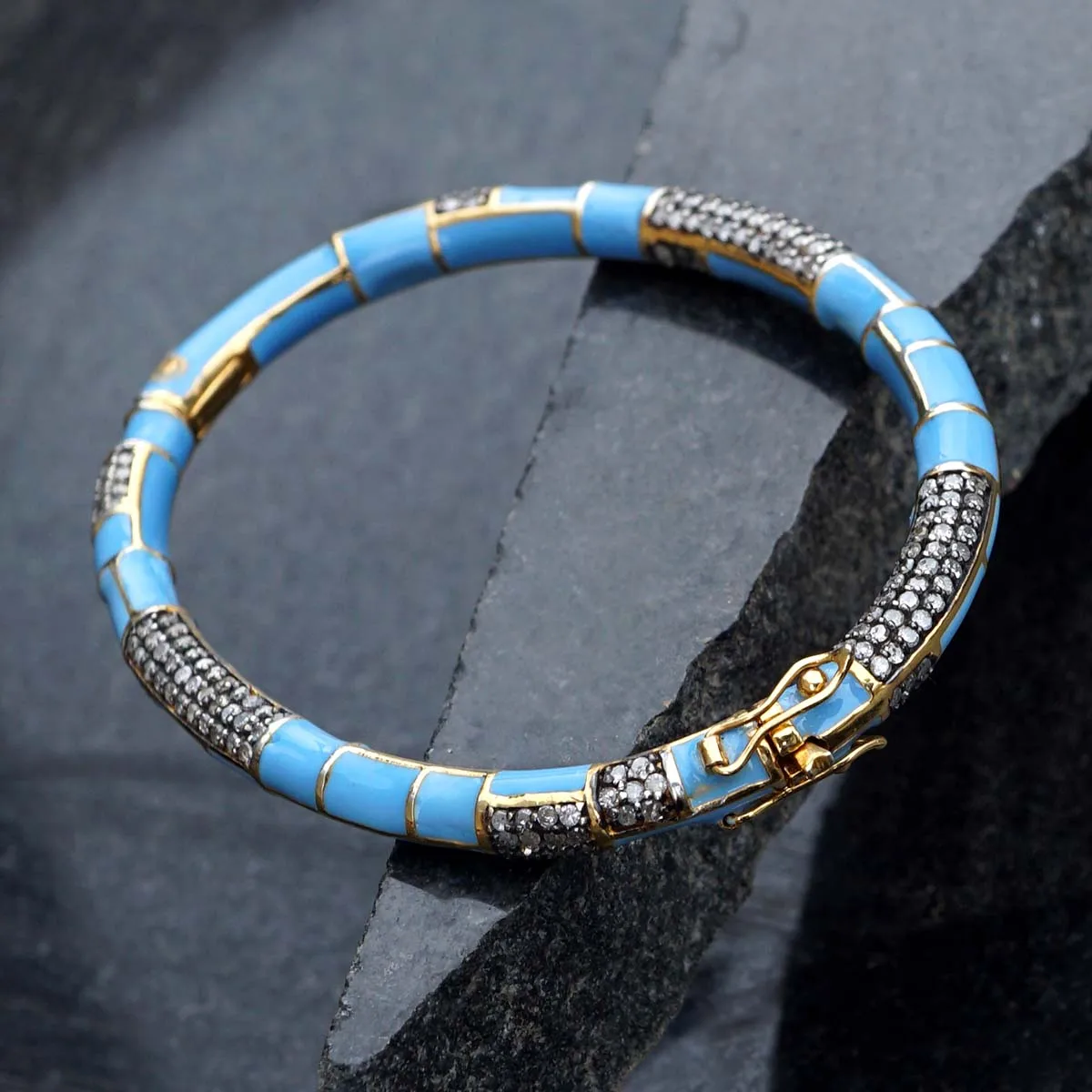 Pave Diamond Turquoise Color Enamel 14k Gold, 925 Oxidized Silver Openable Lock Bangle Bracelet Womens Jewelry Wholesale