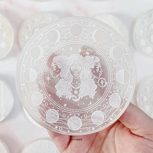 Selenite Charging plate triple goddess : etched selenite plate : Buy From N H AGATE