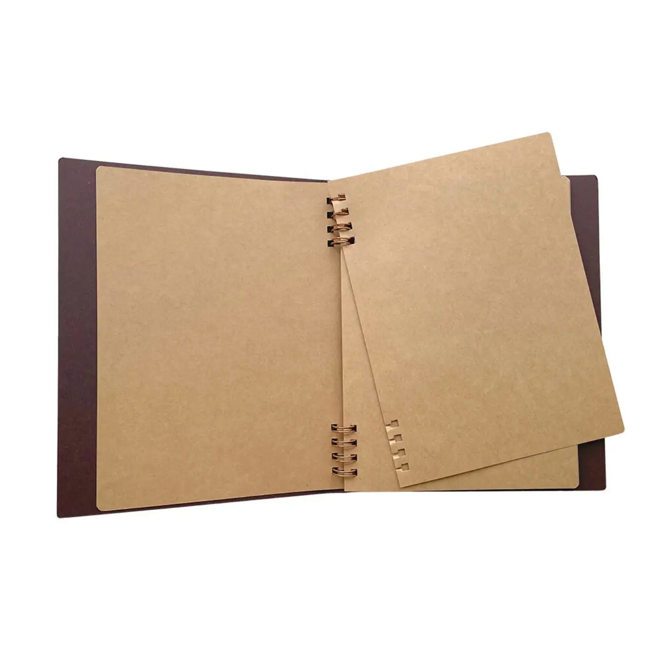 W-ring notebook made of thick kraft paper that lets you add, remove and rearrange the pages.