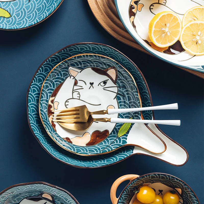 Jade-cer Cartoon Cat Japanese Design Dinnerware Set Dishes & Plates Porcelain Plates Ceramic Baby Bowl Soup Bowl