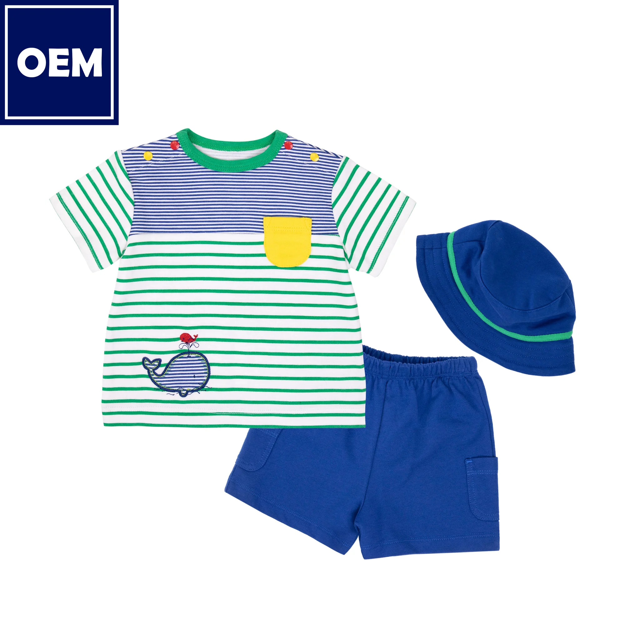 Baby Boy Clothes Set Toddler Cartoon Summer Shorts Sleepwear Custom OEM 2 Pieces Bucket hat Cap