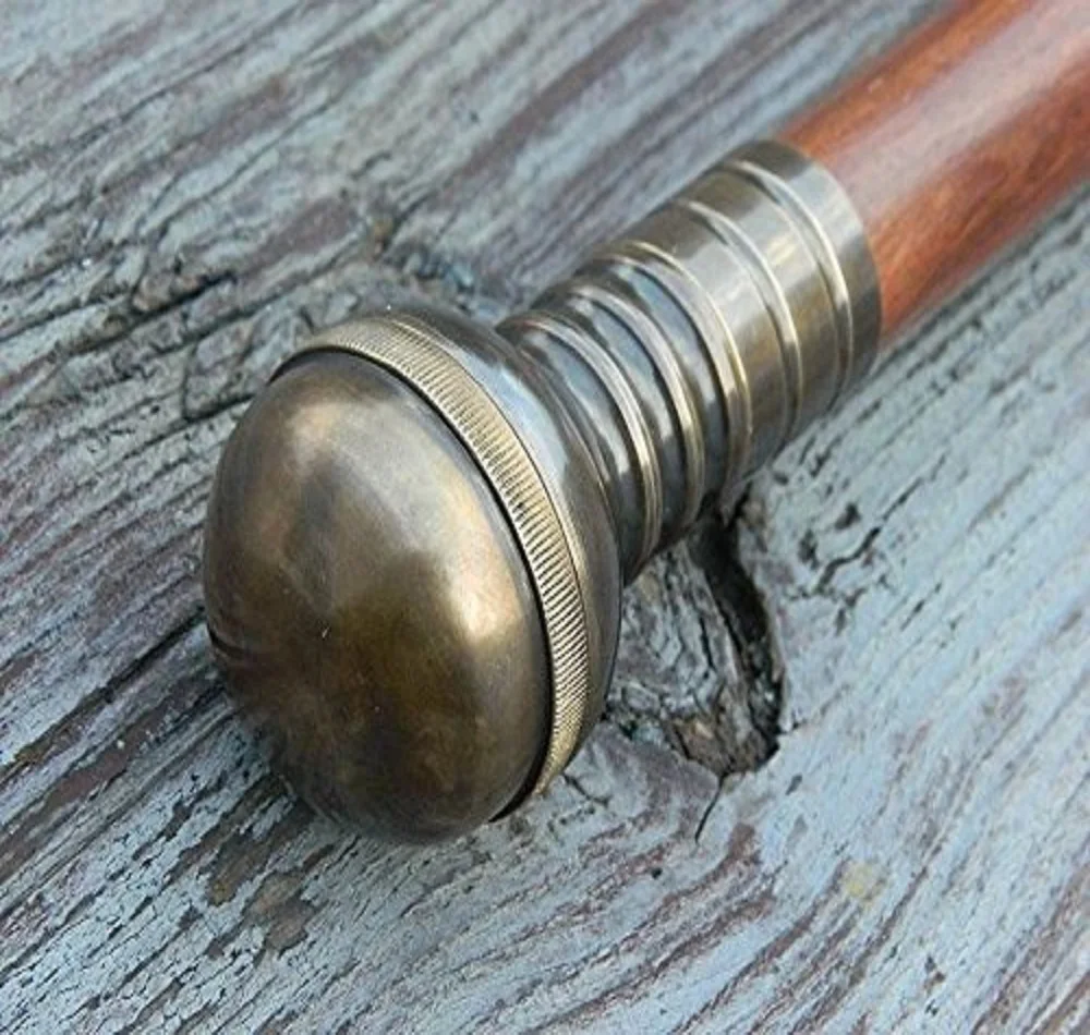 Handmade Antiqued Brass Compass Walking Stick Wood Cane Antiqued brass solid hardwood construction Fully functional compass