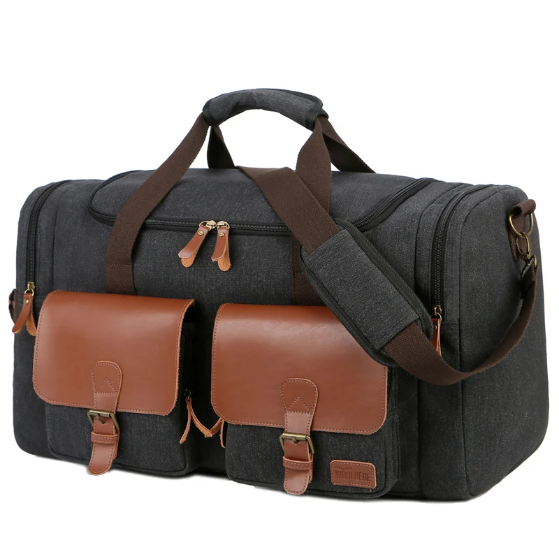 Spot goods mens canvas travel duffel overnight bag womens black gym sports bag leather