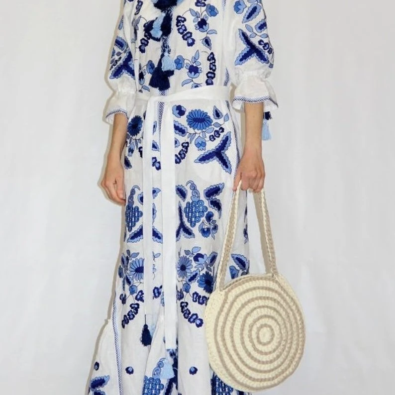 
winter stylish women ukrainian jacket floral embroidery work puff long sleeve full length ukrainian jacket dress 