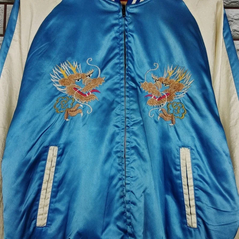 Japanese Fighting Dragon Embroidery Souvenirs Satin Varsity Jacket / Japan Varsity Jacket