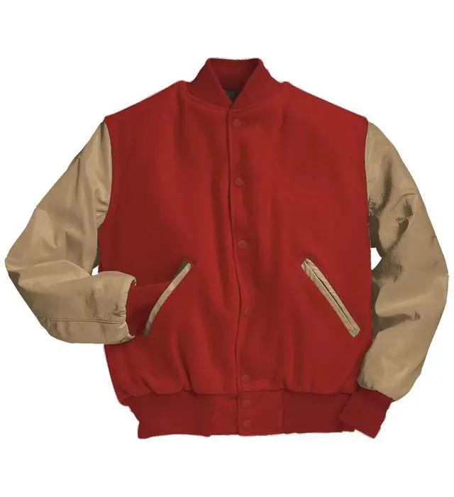 OEM custom beige leather sleeve chain chenille embroidery bomber flight baseball vintage letterman varsity jacket for men