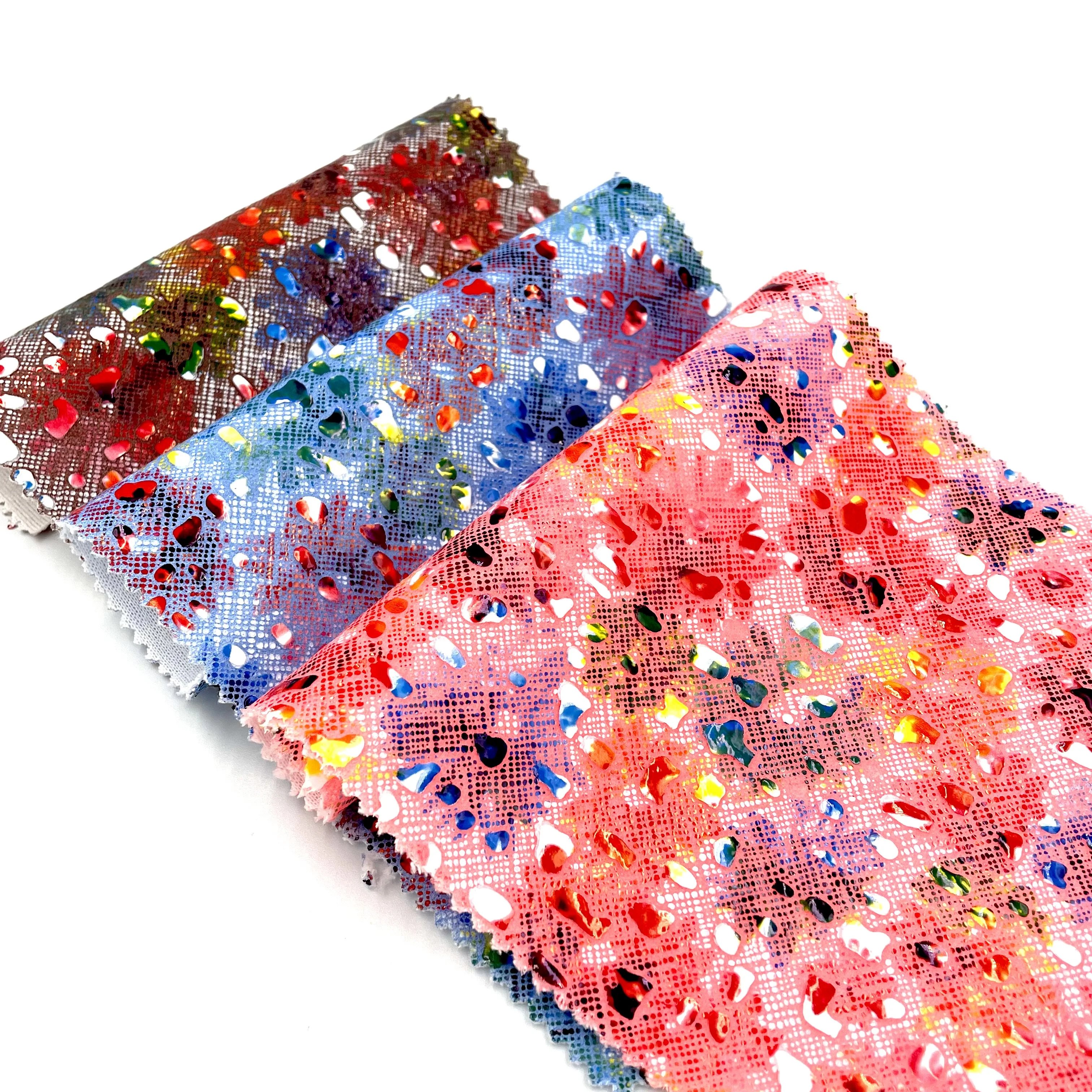 EPO High Quality 100% Knit Polyester with Glossy Laser Film Transferred Gravel Print for Bags