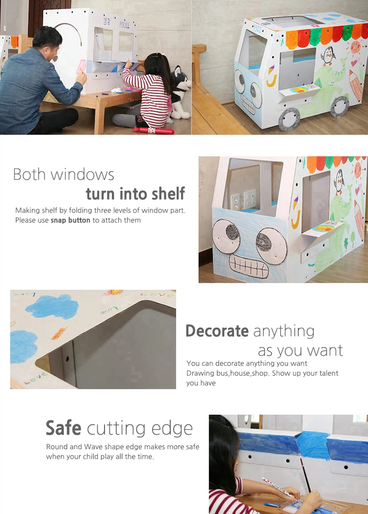 Korea Made Safe CuttinKids Baby Paper Play House Play Bus Scribble Drawing Graffiti Bus Play Bus Assembled Snap Button Paper Toy