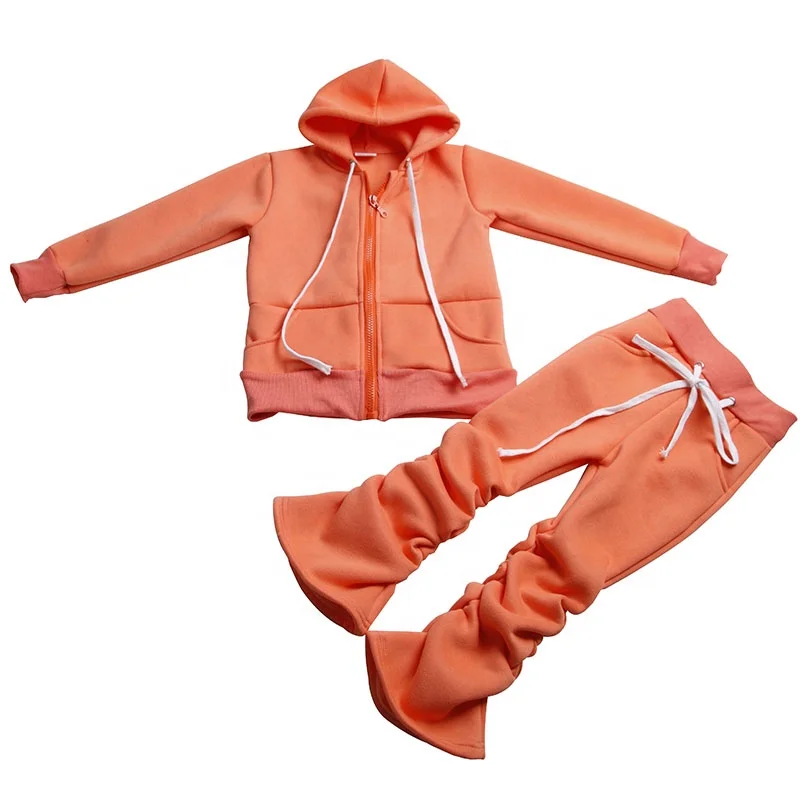 Wholesale Boys Girls Zipper Sweatsuit Stacked Pants Fleece Hoodies Tracksuit Baby Girls Clothing Jogger Sets Winter