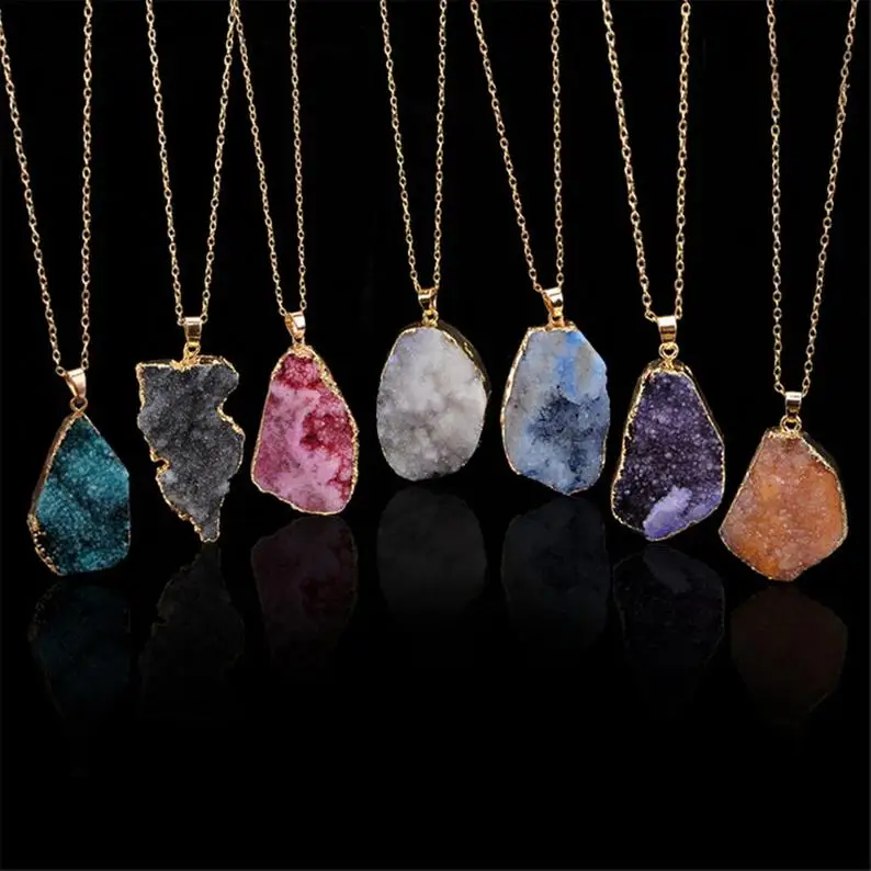Natural Rainbow Color Druzy Free Form Electroplated Pendant Necklace Wholesale Stone Jewelry Manufacturer at Factory  Price Shop