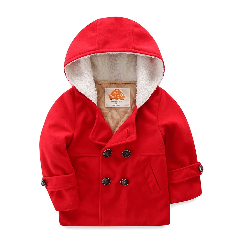 
Mudkingdom wholesale double-breasted lapel English style children hooded cotton-padded woolen coats 