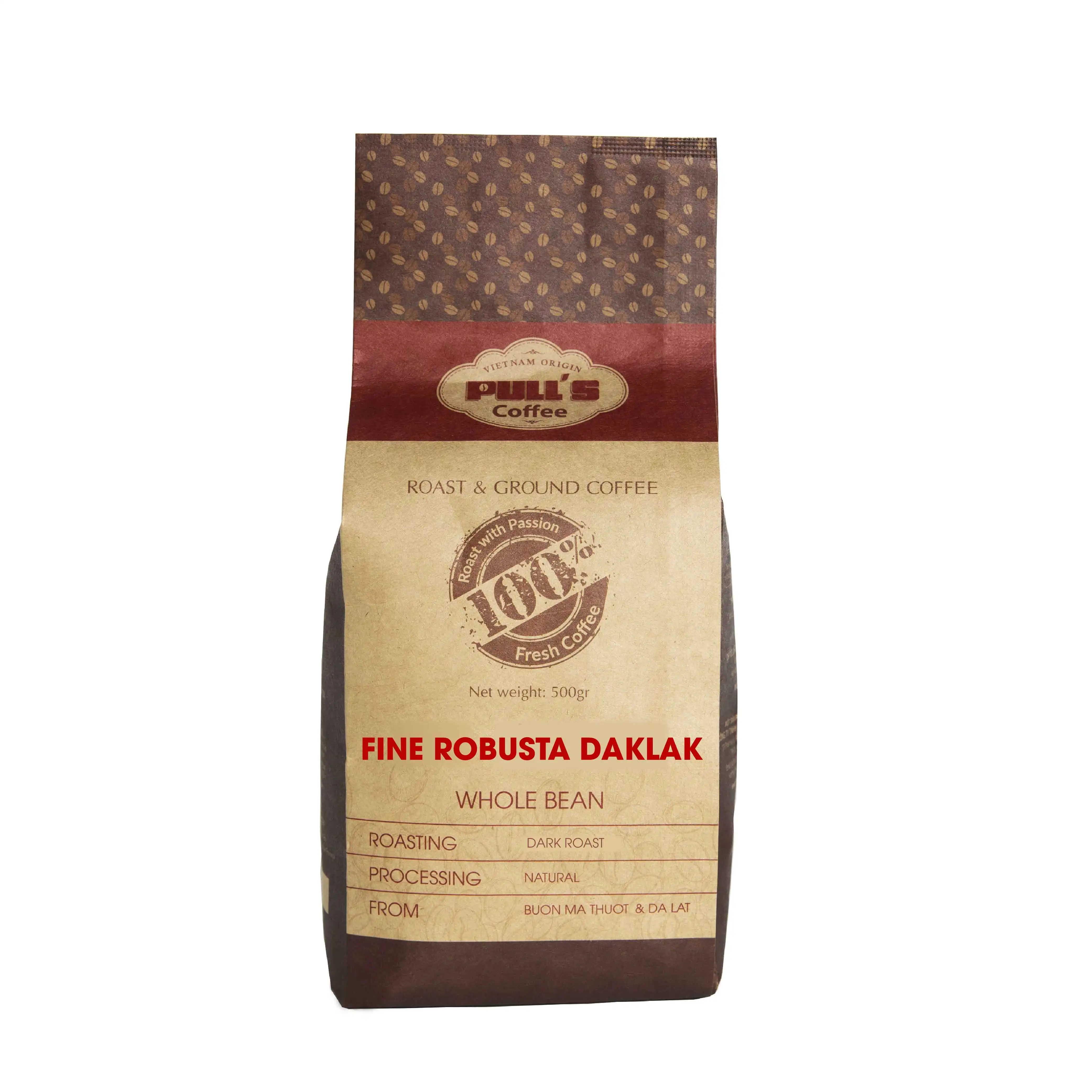 Тонкий темный кофе для жарки робуста Даклак-500 г в упаковке