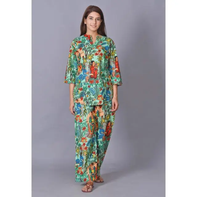 100%Cotton Floral Printed Night Wear Dress Hand Block Printed Indian Woman All Size Pajama Robe Set