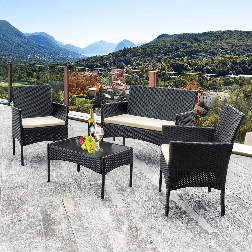 
4 Pieces Outdoor Patio Furniture Sets Rattan Chair Wicker Set, Outdoor Indoor Use Backyard Porch Garden Balcony Furniture 