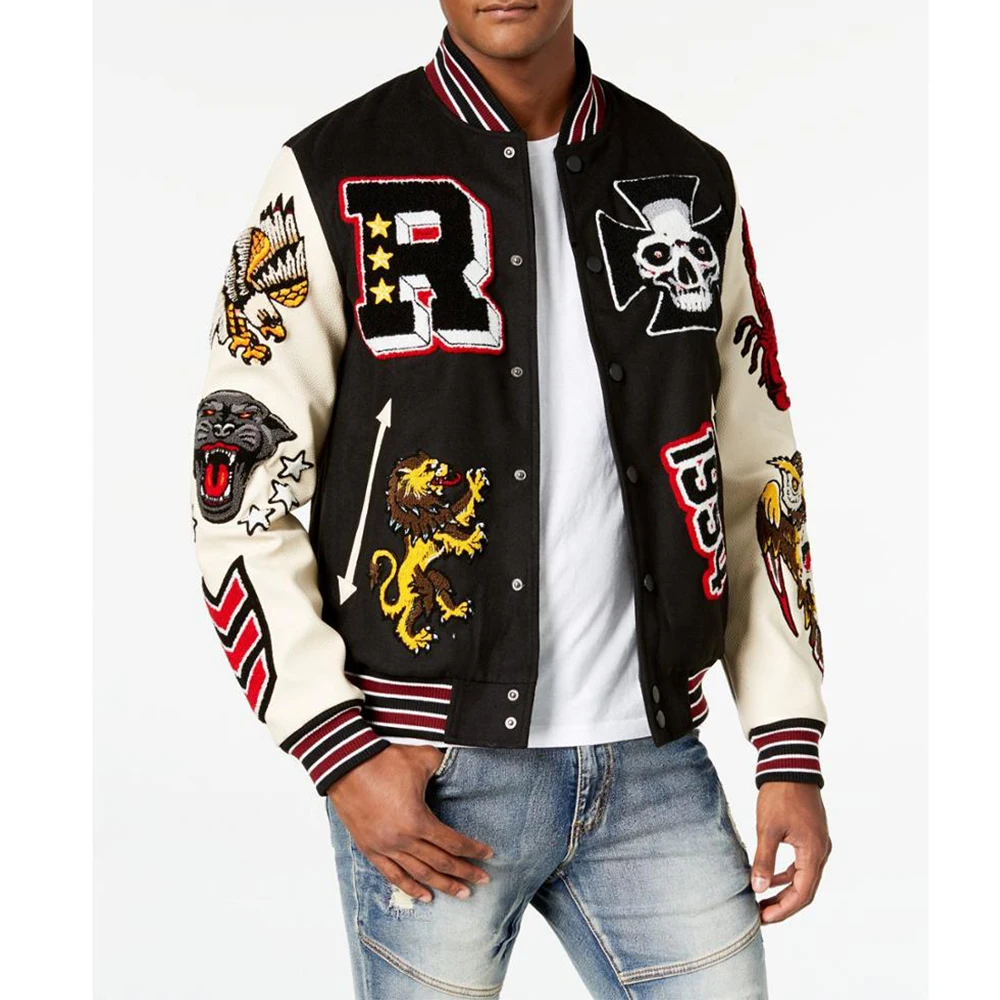 
Letterman Varsity Jackets Patches Custom Cheap Dark Black Wool Varsity Jackets With Genuine White Cow Leather Sleeves 