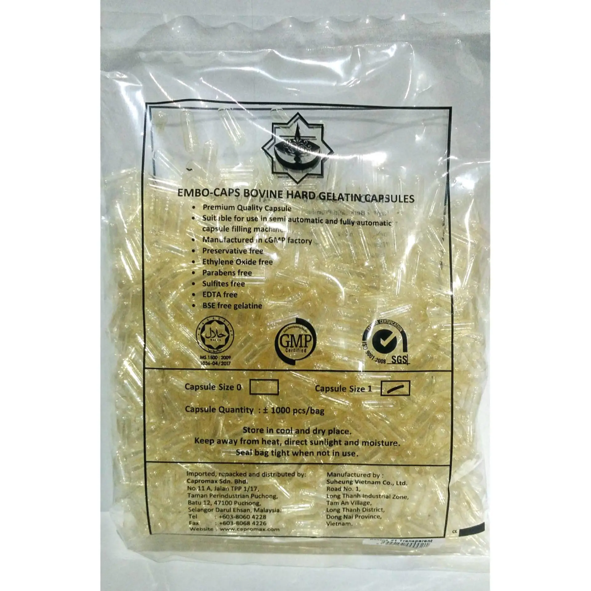 
Size 1 Empty Gelatin (Bovine) Capsules or HPMC Capsules 