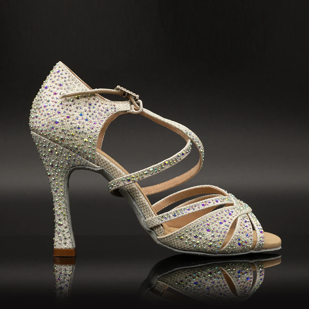 
Женские туфли для латиноамериканских танцев Suphini, серебристые блестящие туфли на ремешке 10 см для сальсы и сальсы 