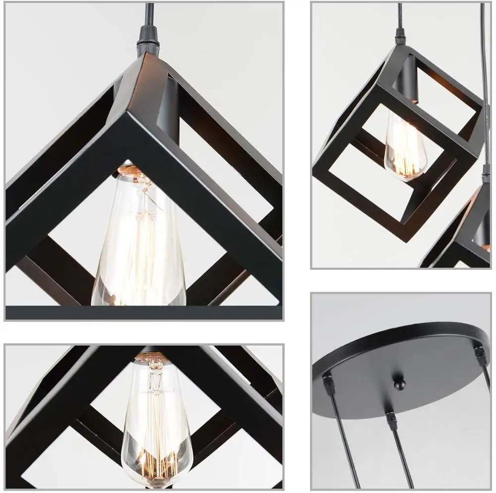 Black Metal Square Shade Industrial 3-Light Pendant Lighting