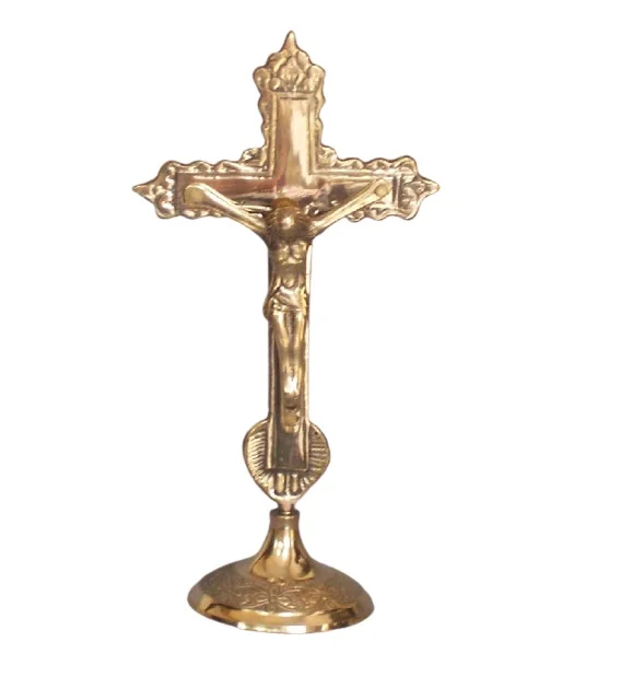 Religious Brass Jesus cross candle stand Handmade Christian Lord Jesus Cross Sign Brass Statue with Candle Stick Holder