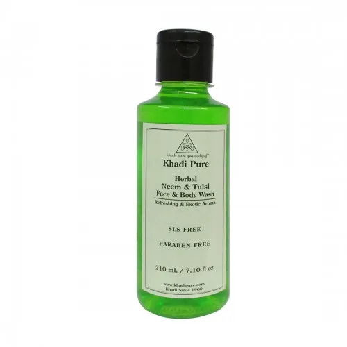 KHADI PURE HERBAL NEEM & TULSI FACE AND BODY WASH SLS-PARABEN FREE - 210ML - Neem Body wash - Tulsi Body wash - Private label