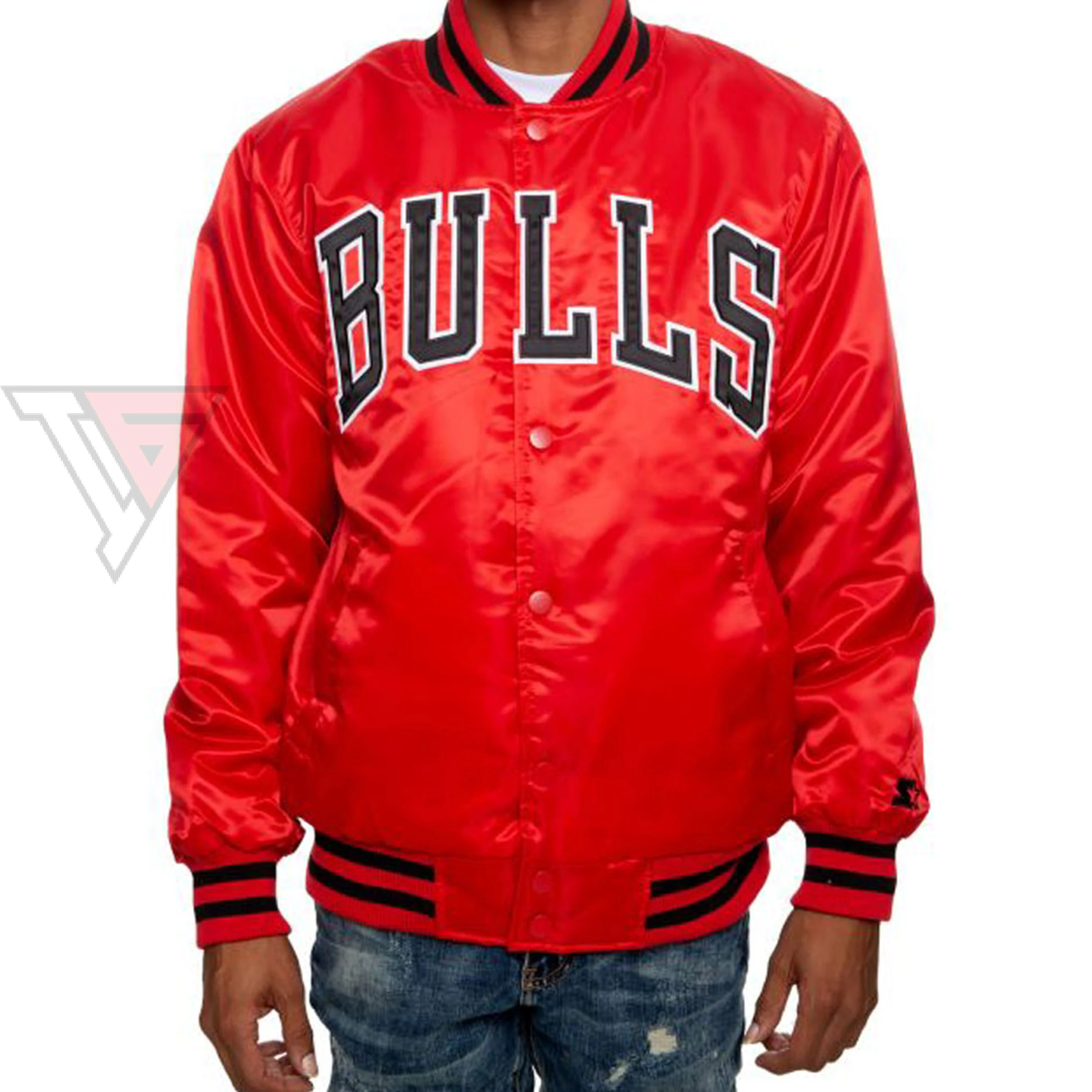 Flight bomber satin jacket men / smooth satin fabric baseball jacket wholesale / Black red bomber jacket bulls manufacturer