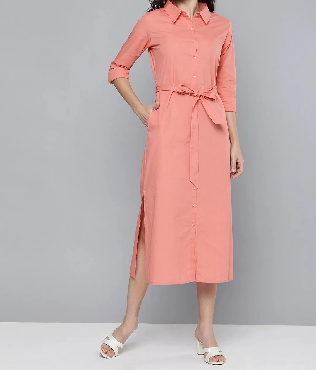 Confident Look By Wearing in Parties Festivals Women Peach-Colored Solid Shirt One Piece cotton dress shirt collar long sleeves