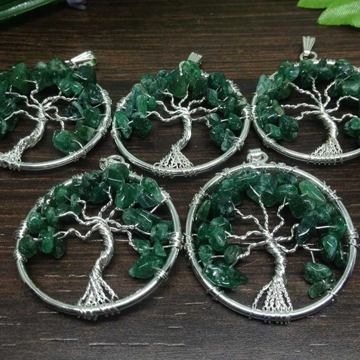 Green Jade Gravel Chip Stone Tree Silver wire wrapped Pendant/ WIRE WRAPPED ring Keychain  /GREEN JADE TREE OF LIFE PENDANT TREE