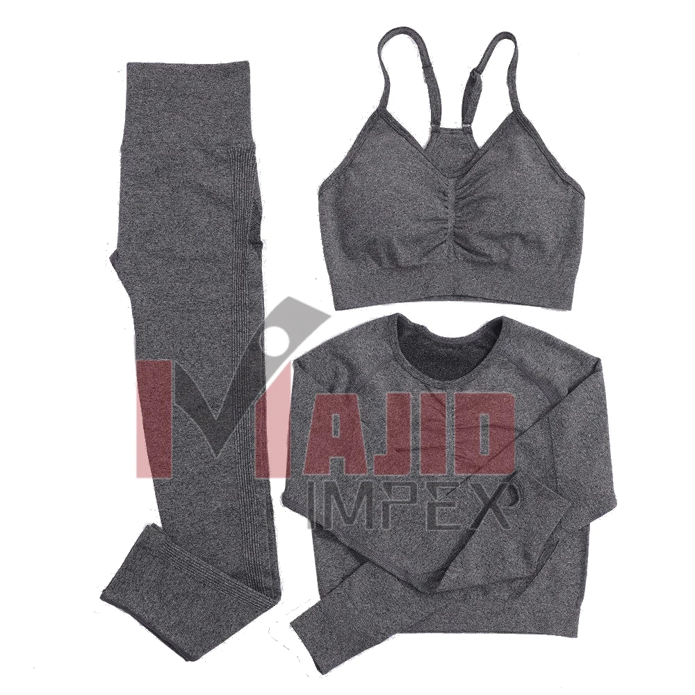 Wholesale High Quality Women 3 Piece Crop Top Sports Bra Leggings Workout Clothing 3 Piece Seamless Yoga Set