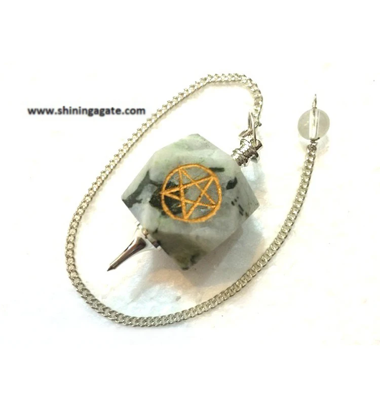 Wholesale Gemstone Engraved Pendulums Rainbow Moonstone Hexagon Pentagram Silver Pendulum Wholesale Dowsing Pendulum