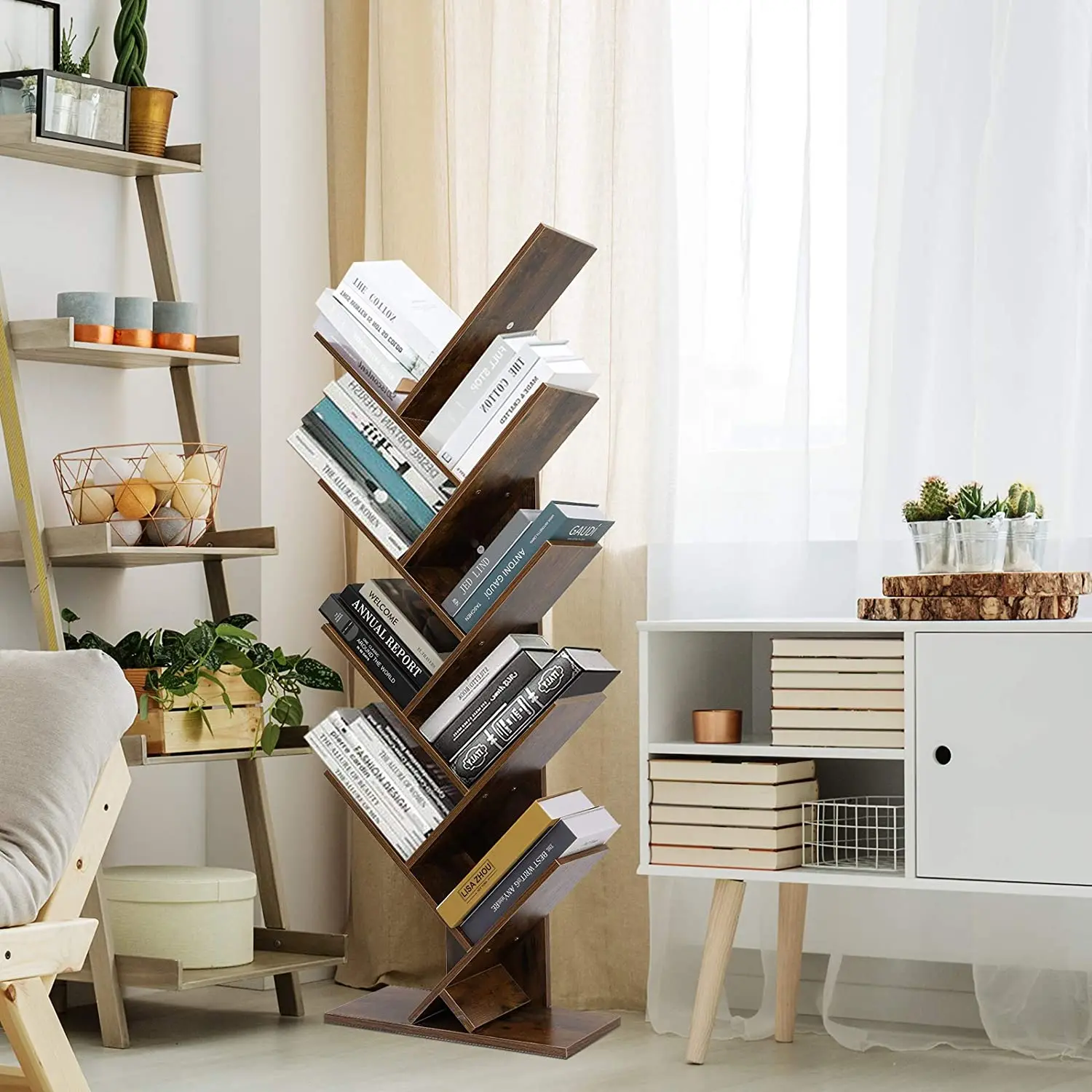 9-Shelf Wooden Tree Bookshelf, Floor Standing Tree Bookshelf