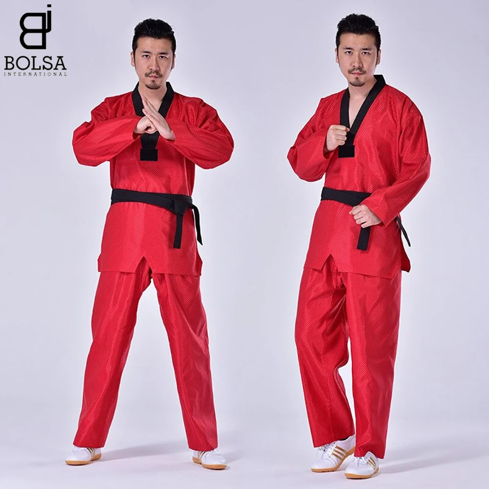 
Red Taekwondo Uniform Blue TKD Suit Adult Karate Judo Training Competition Clothes Black Belt Pants White Coat Beginner 
