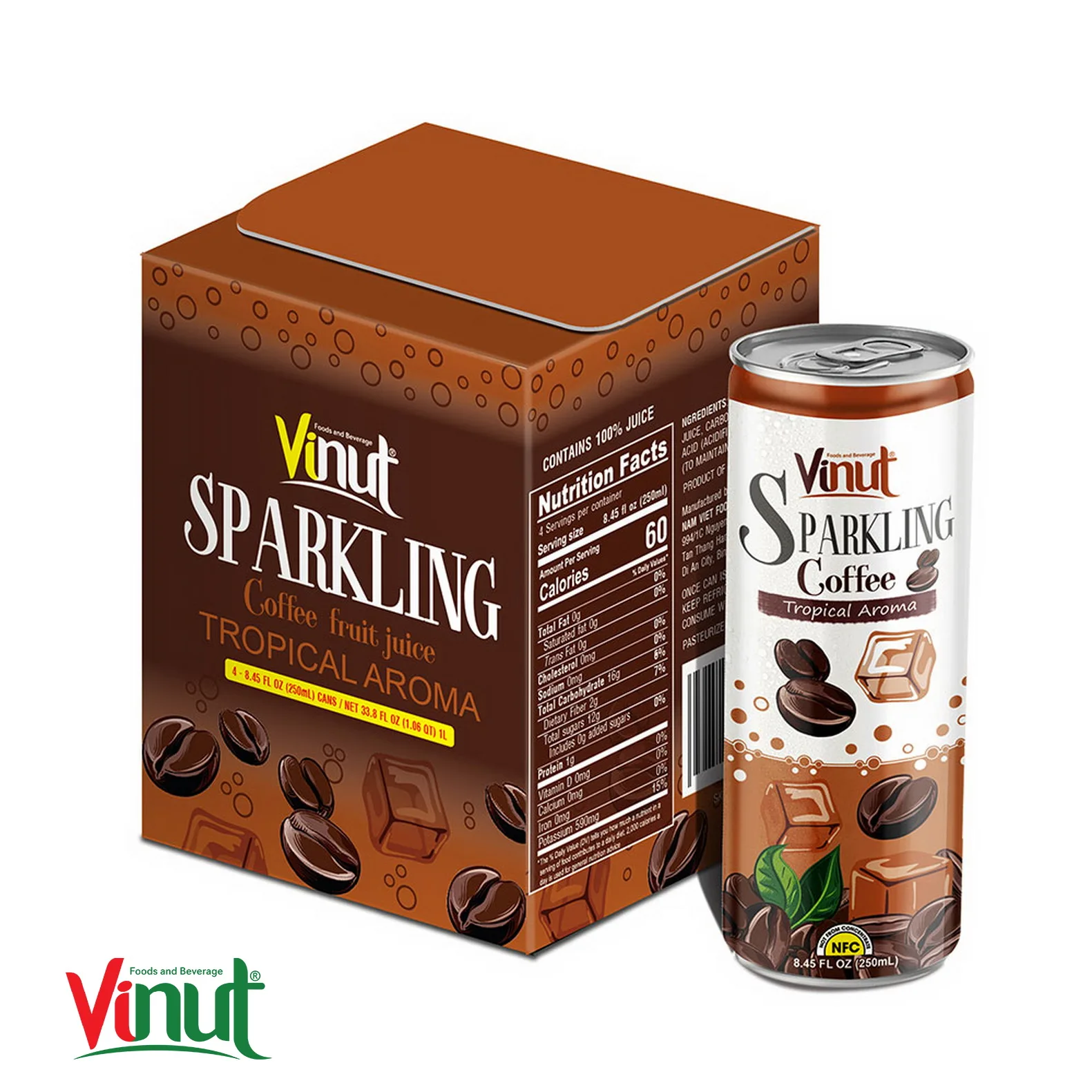 250ml Carbonated drinks VINUT Box 4 Cans Tropical Coffee Aroma Export Natura Low Sugar ODM service in Vietnam Halal Certified