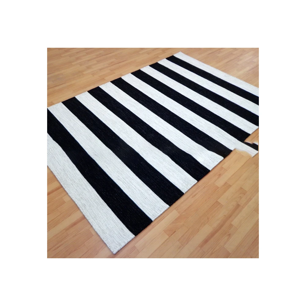 Carpet Rugs Handmade Dhurrie Indian Stripe Flat Weave Wool Black White Classic Rectangle Black & White / Customisable IN;34648