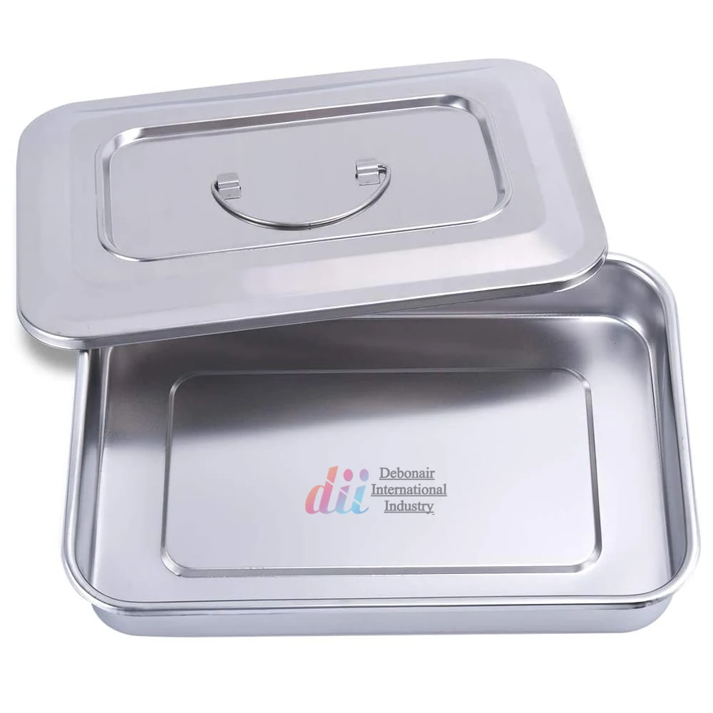 Medical Surgical Trays Stainless Steel Dental Instruments Tray Sterilization Trays Box with Lid & Handle Without Hole